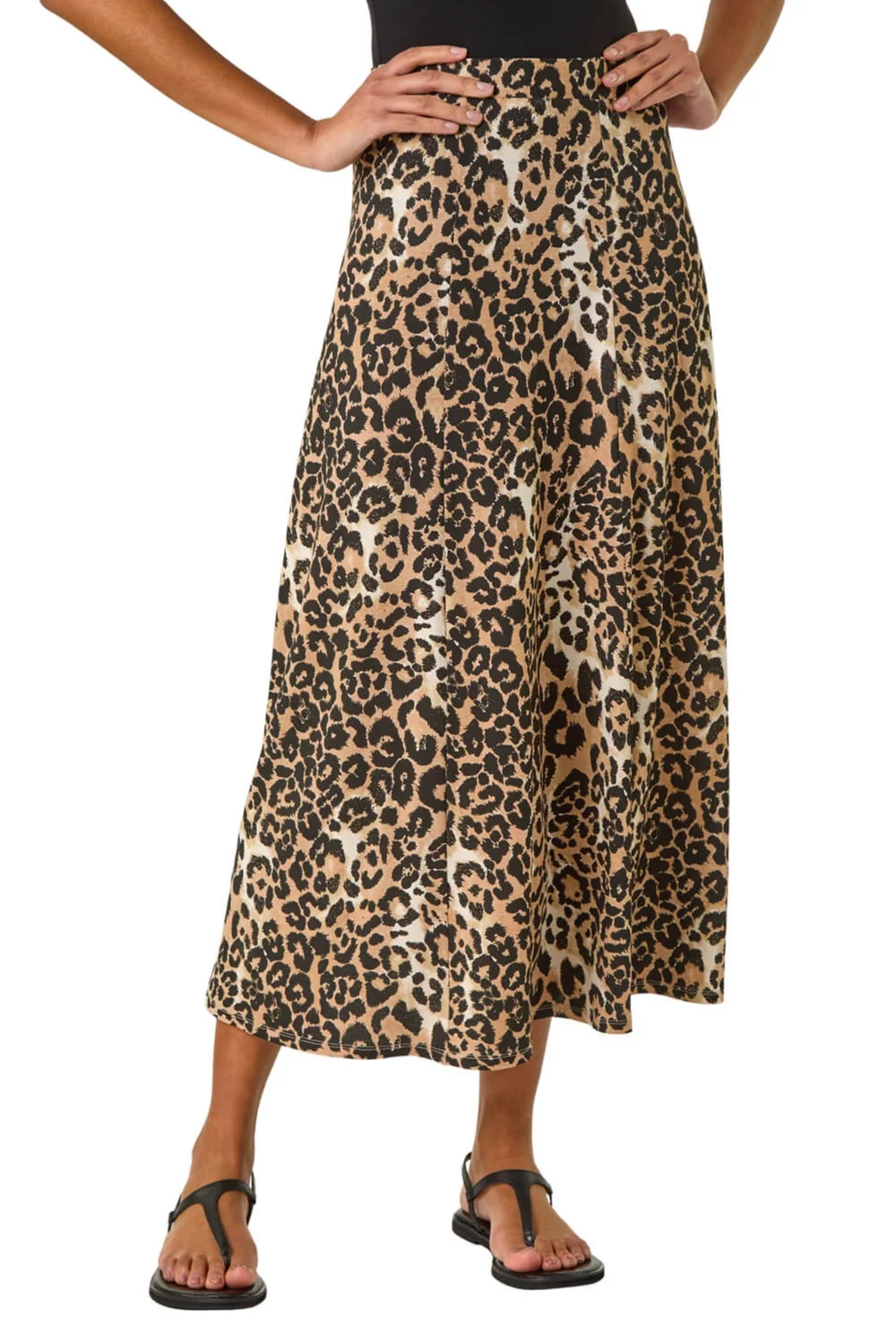 Roman Tan Leopard Print A Line Midi Skirt - Size 10 Image 1