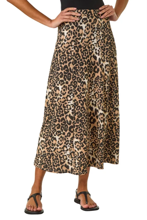 Roman Tan Leopard Print A Line Midi Skirt - Size 10 Image 1