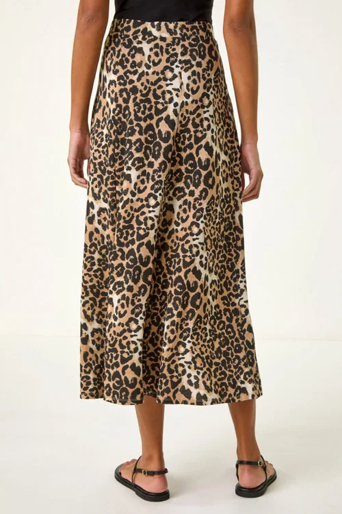 Roman Tan Leopard Print A Line Midi Skirt - Size 10 Image 4