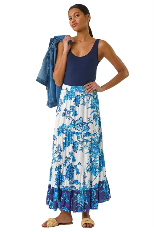 Roman Blue Contrast Floral Tiered Skirt - Size 12 Image 2