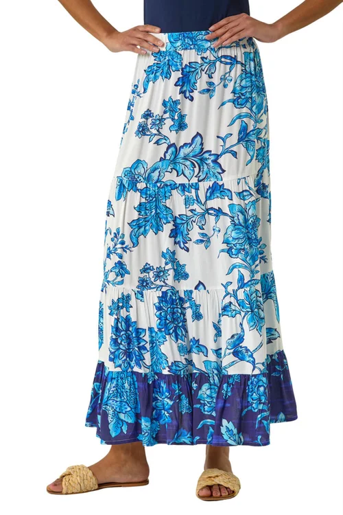 Roman Blue Contrast Floral Tiered Skirt - Size 12 Image 1