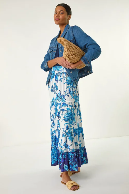 Roman Blue Contrast Floral Tiered Skirt - Size 12 Image 3