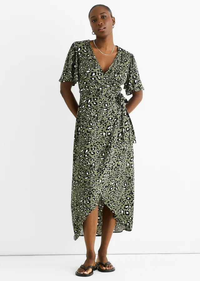Gini London Khaki Animal Print Viscose Wrap Midi Dress