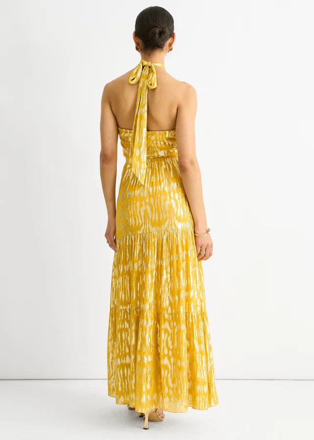 Gini London Yellow Animal Jacquard Halter Neck Maxi dress