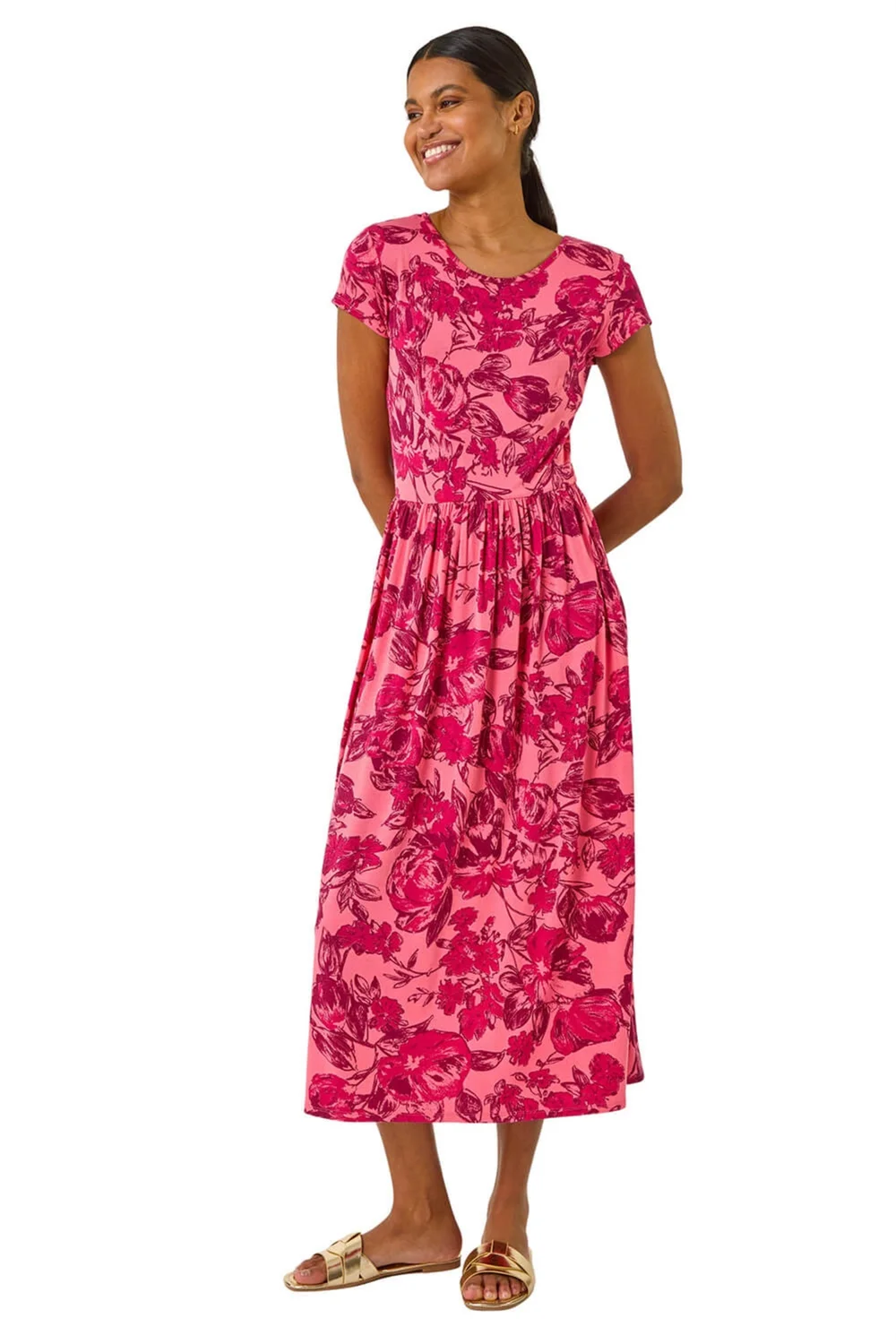 Roman Pink Floral Print Pocket Midi Dress - 16 Image 2