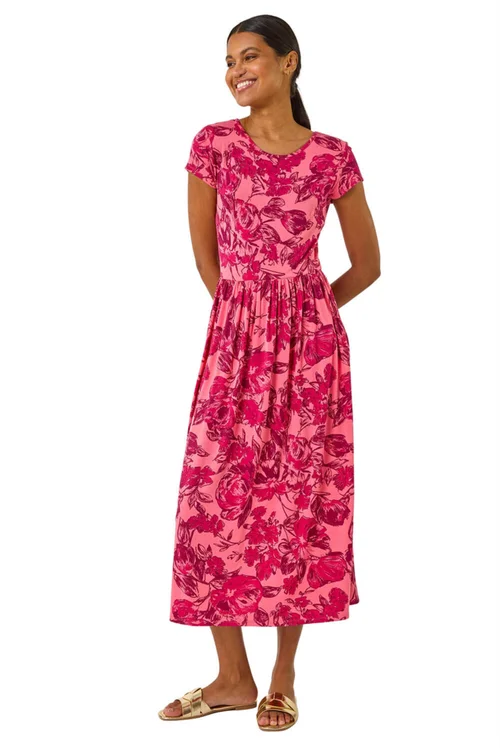 Roman Pink Floral Print Pocket Midi Dress - 16 Image 2