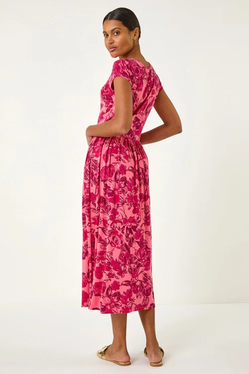 Roman Pink Floral Print Pocket Midi Dress - 16 Image 4