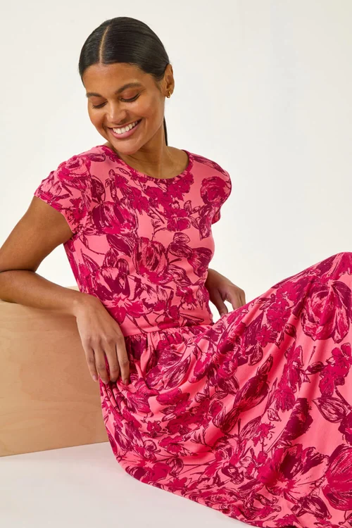 Roman Pink Floral Print Pocket Midi Dress - 16 Image 3
