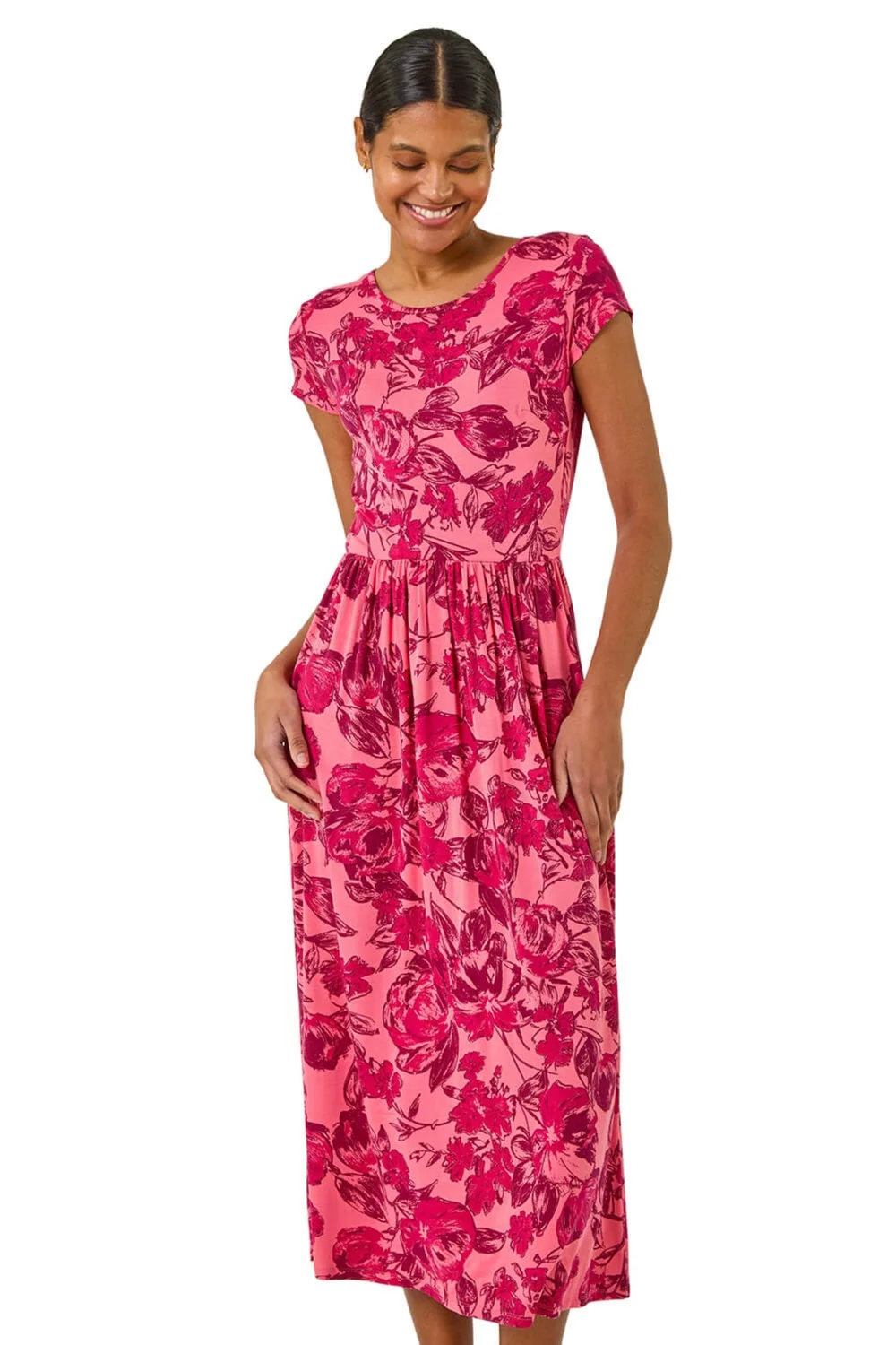 Roman Pink Floral Print Pocket Midi Dress - 16 Image 1