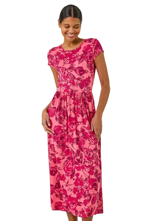 Roman Pink Floral Print Pocket Midi Dress - 16 Image 1