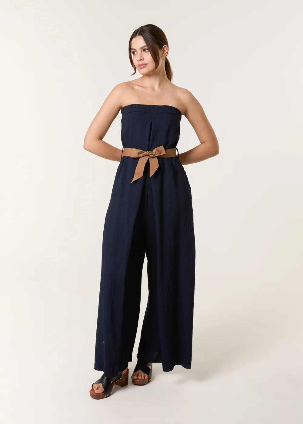 Blue Vanilla Navy Linen Belted Wide Bandeau Jumpsuit - S/M Image 2