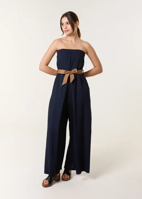 Blue Vanilla Navy Linen Belted Wide Bandeau Jumpsuit - S/M Image 2