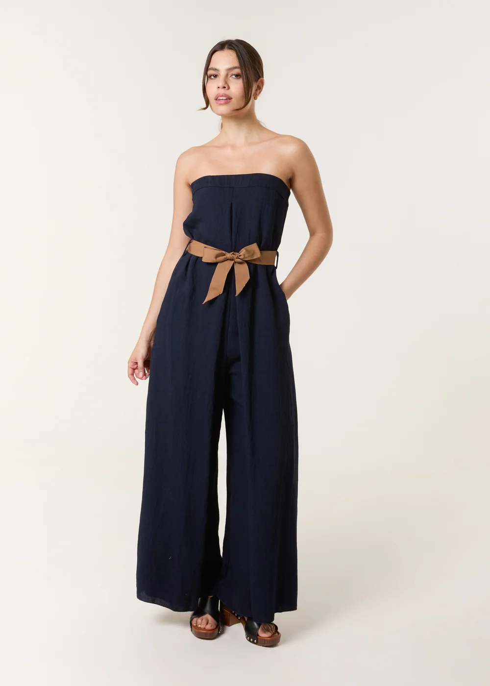Blue Vanilla Navy Linen Belted Wide Bandeau Jumpsuit - S/M Image 1