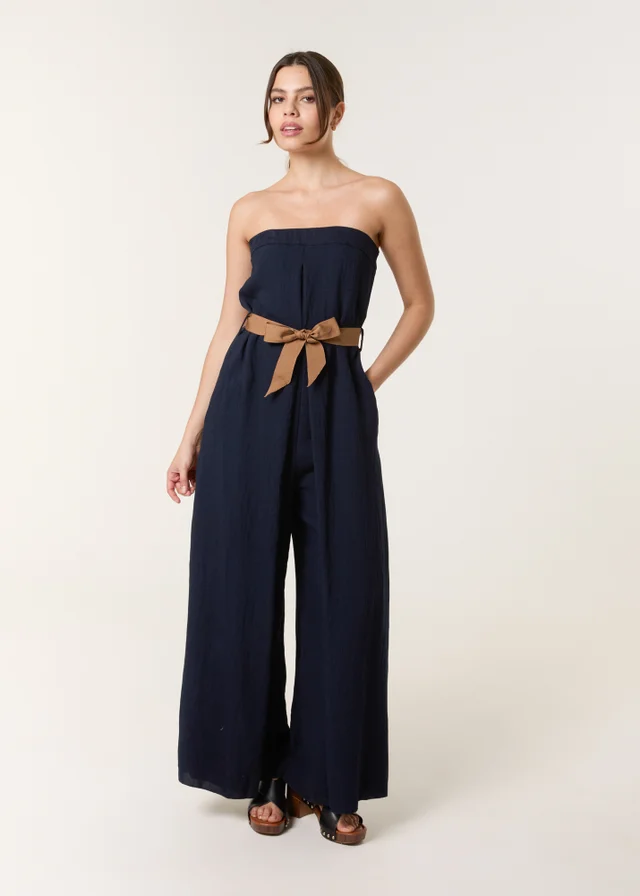 Blue Vanilla Navy Linen Belted Wide Bandeau Jumpsuit