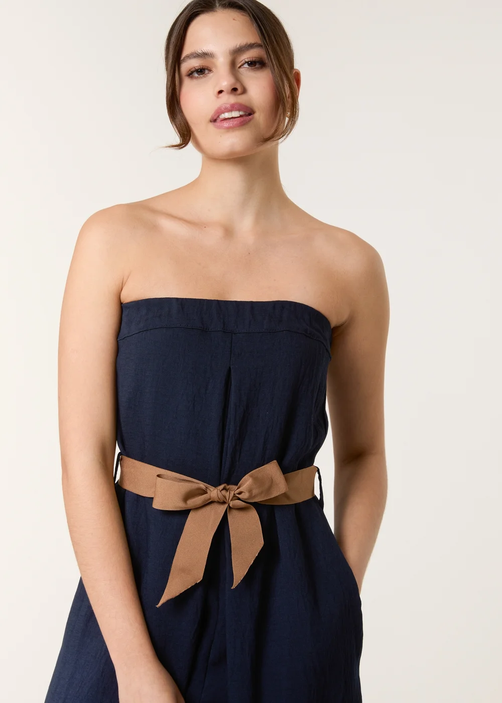 Blue Vanilla Navy Linen Belted Wide Bandeau Jumpsuit - S/M Image 4
