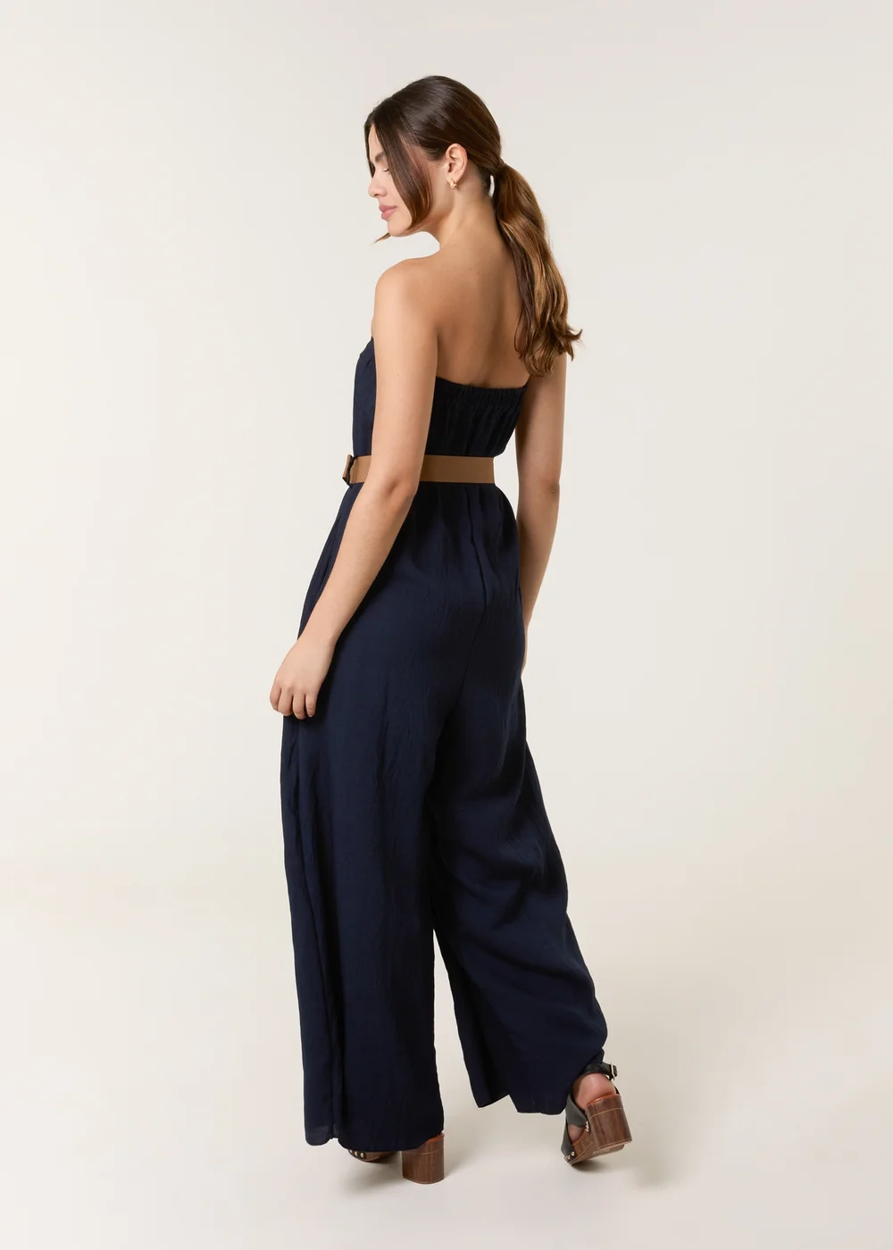 Blue Vanilla Navy Linen Belted Wide Bandeau Jumpsuit - S/M Image 3