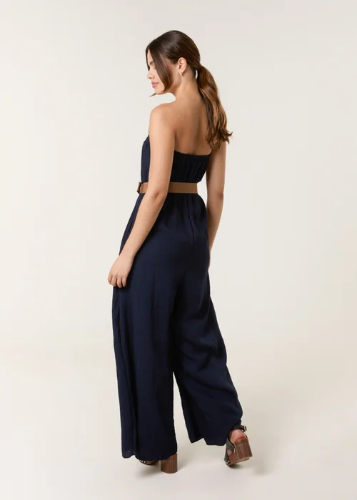 Blue Vanilla Navy Linen Belted Wide Bandeau Jumpsuit - S/M Image 3