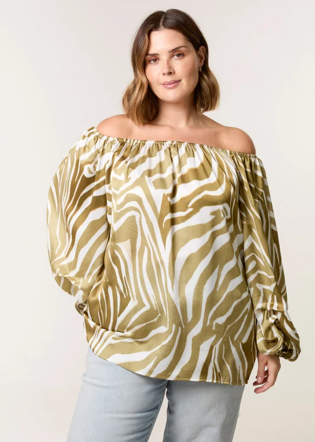 Blue Vanilla Khaki Curve Zebra Satin Ruched Bardot Top