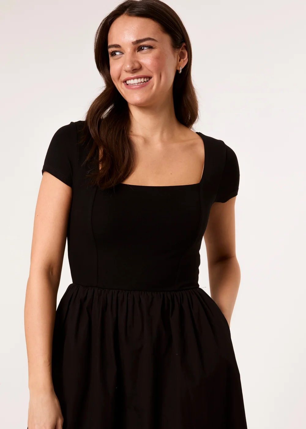Blue Vanilla Black Square Neck Mix Fabric Midi Dress - S Image 4