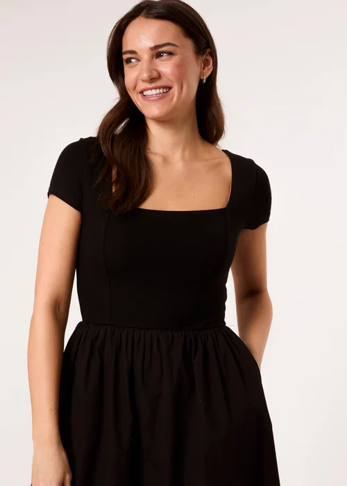 Blue Vanilla Black Square Neck Mix Fabric Midi Dress - S Image 4