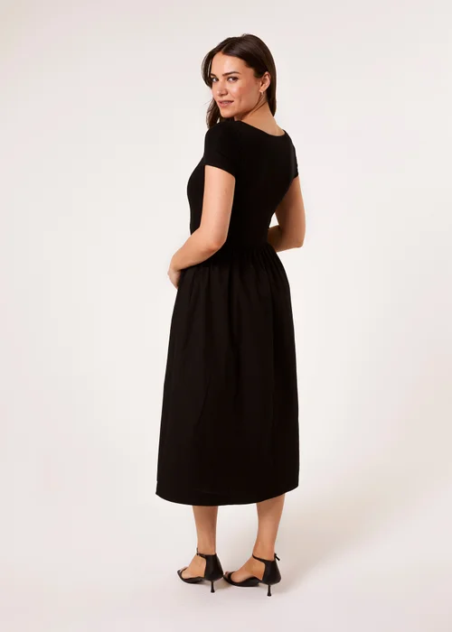 Blue Vanilla Black Square Neck Mix Fabric Midi Dress - S Image 2
