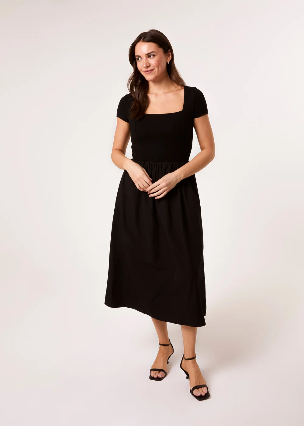 Blue Vanilla Black Square Neck Mix Fabric Midi Dress - S Image 3