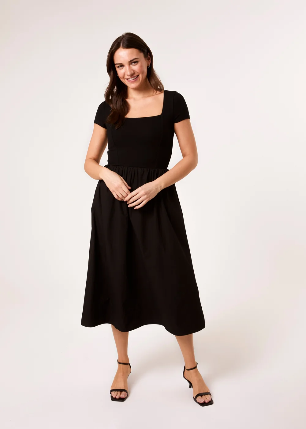 Blue Vanilla Black Square Neck Mix Fabric Midi Dress - S Image 1