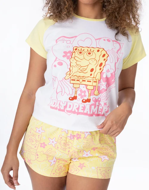 Vanilla Underground SpongeBob SquarePants Yellow & White Daydreamer Shortie Pyjamas - Large Image 2
