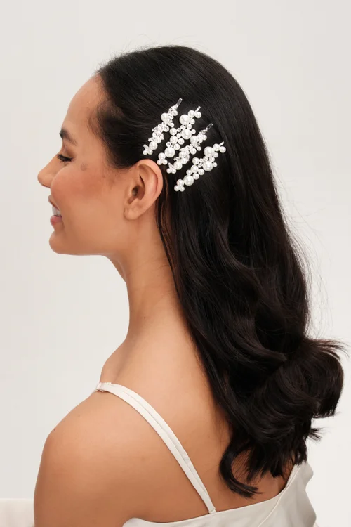 Jon Richard Silver Plated Pearl Bow & Floral Hair Slides Pack Of 4 - One Size Image 2