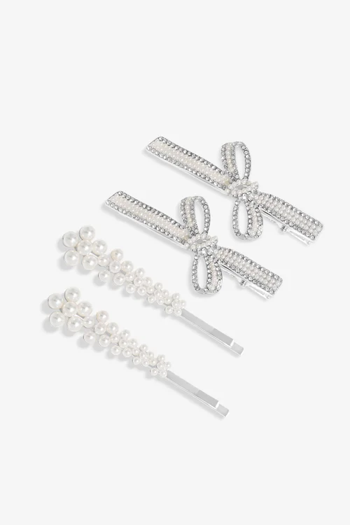 Jon Richard Silver Plated Pearl Bow & Floral Hair Slides Pack Of 4 - One Size Image 1