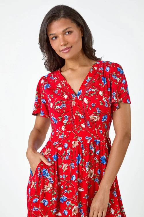 Roman Red Floral Lace Trim Pocket Midi Dress - 10 Image 4