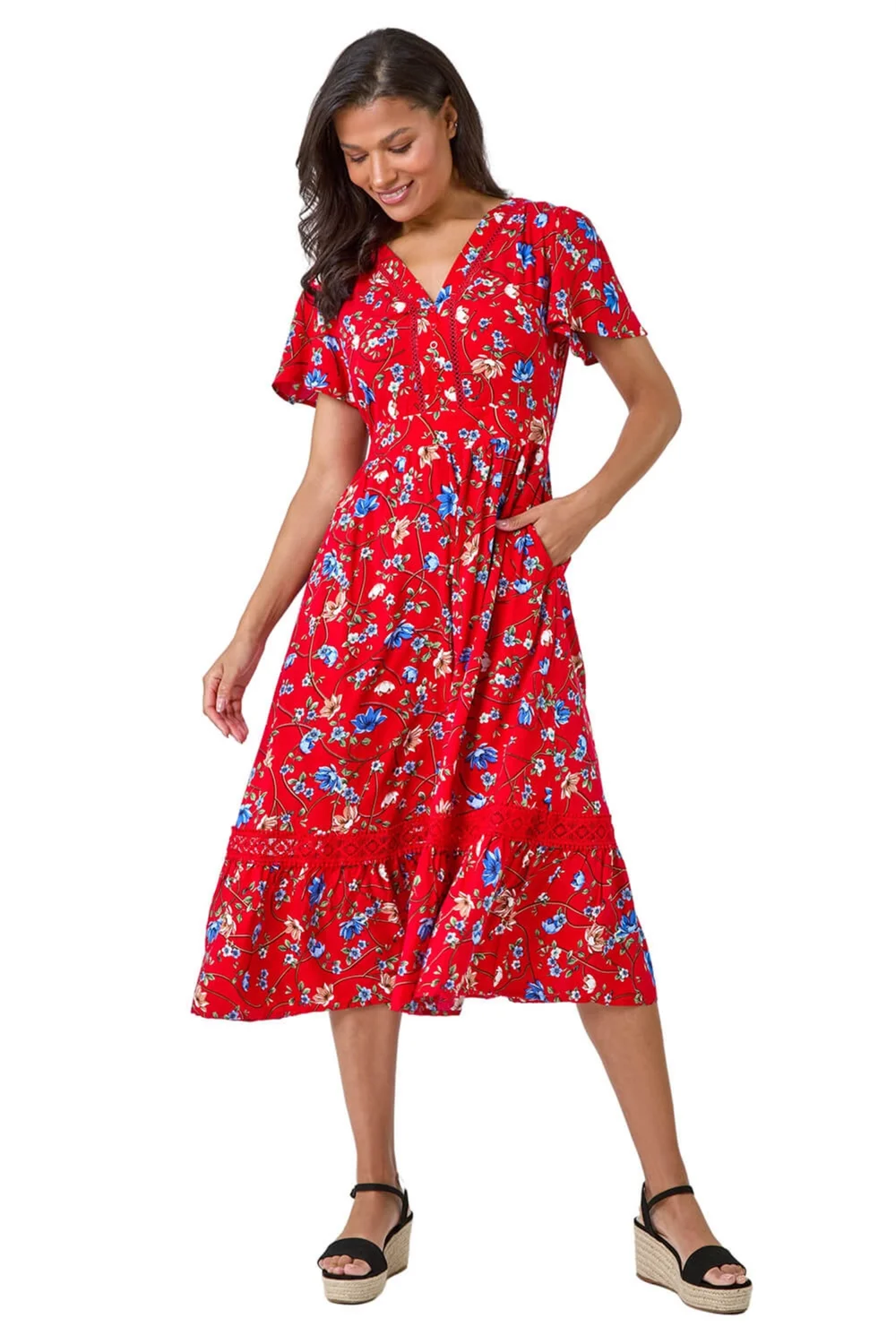 Roman Red Floral Lace Trim Pocket Midi Dress - 10 Image 2