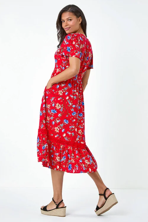 Roman Red Floral Lace Trim Pocket Midi Dress - 10 Image 3