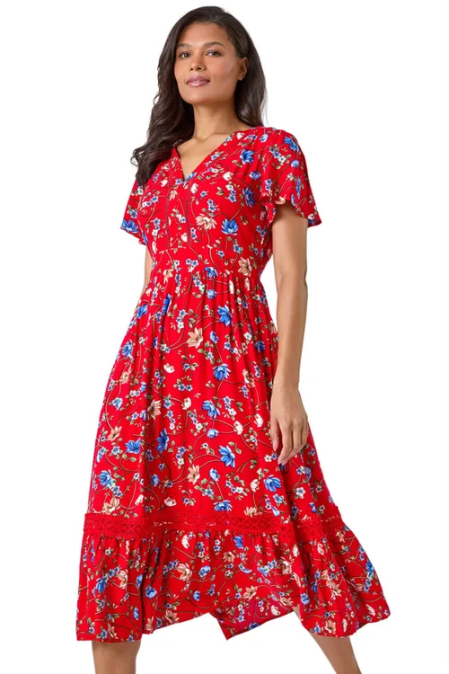 Roman Red Floral Lace Trim Pocket Midi Dress - 10 Image 1