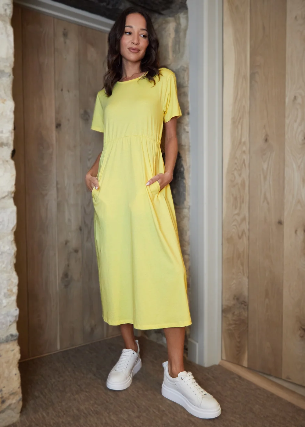 Threadbare Yellow Cotton Jersey Smock Style Midi Dress With Pockets - 8 Image 1