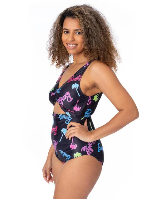Barbie Logo & Palm Tree Graphic Multi Coloured 1 Piece Swimming Costume - Small Image 5