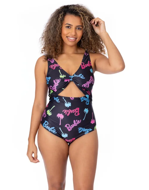 Barbie Logo & Palm Tree Graphic Multi Coloured 1 Piece Swimming Costume - Small Image 3