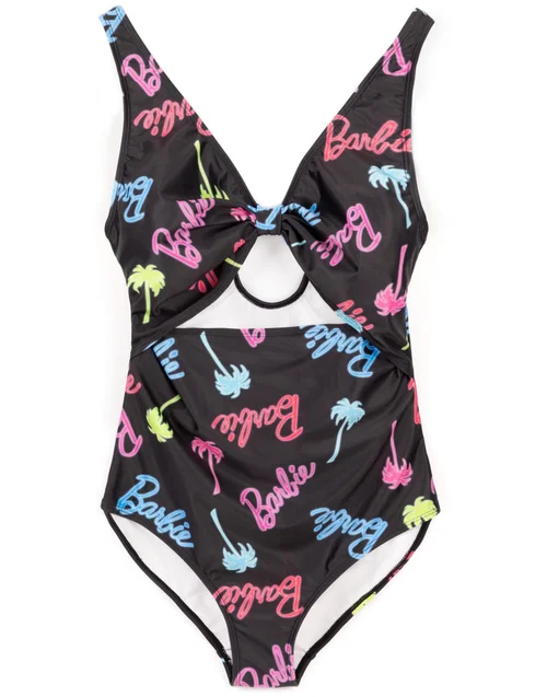 Barbie Logo & Palm Tree Graphic Multi Coloured 1 Piece Swimming Costume - Small Image 1