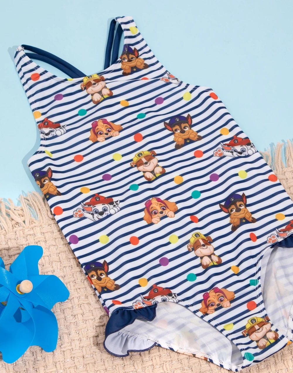 Paw Patrol Kids Striped White & Navy 1 Piece Swimsuit (18 Months-8 Years) - Age 7-8 Years Image 2