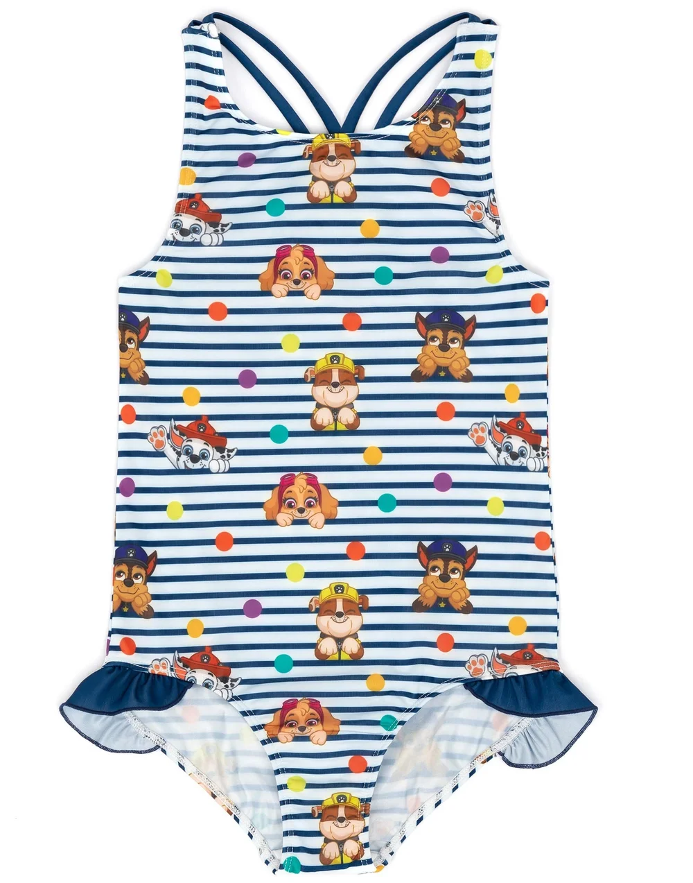 Paw Patrol Kids Striped White & Navy 1 Piece Swimsuit (18 Months-8 Years) - Age 7-8 Years Image 1