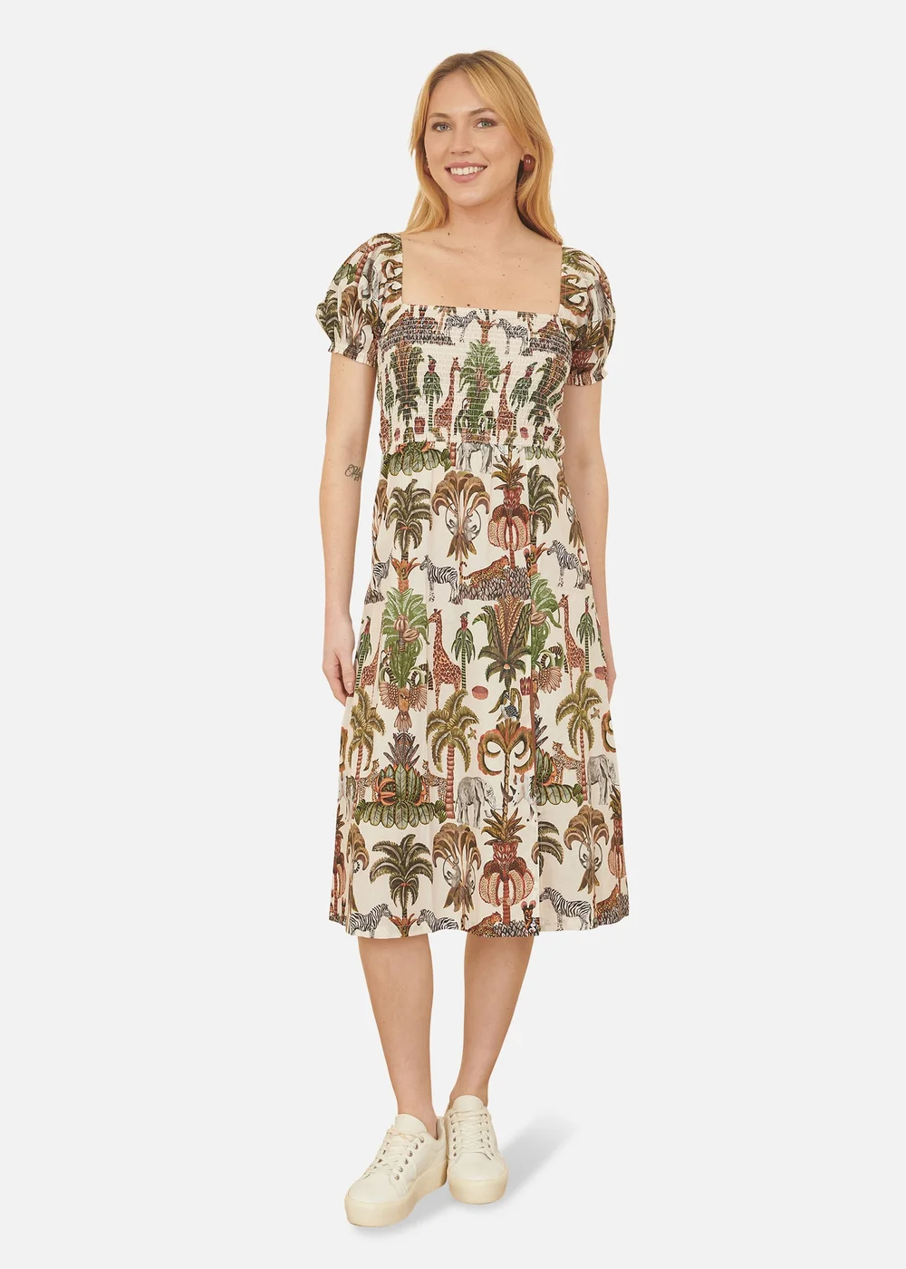 Yumi White Cotton Safari Print Ruched Midi Dress - 8 Image 1
