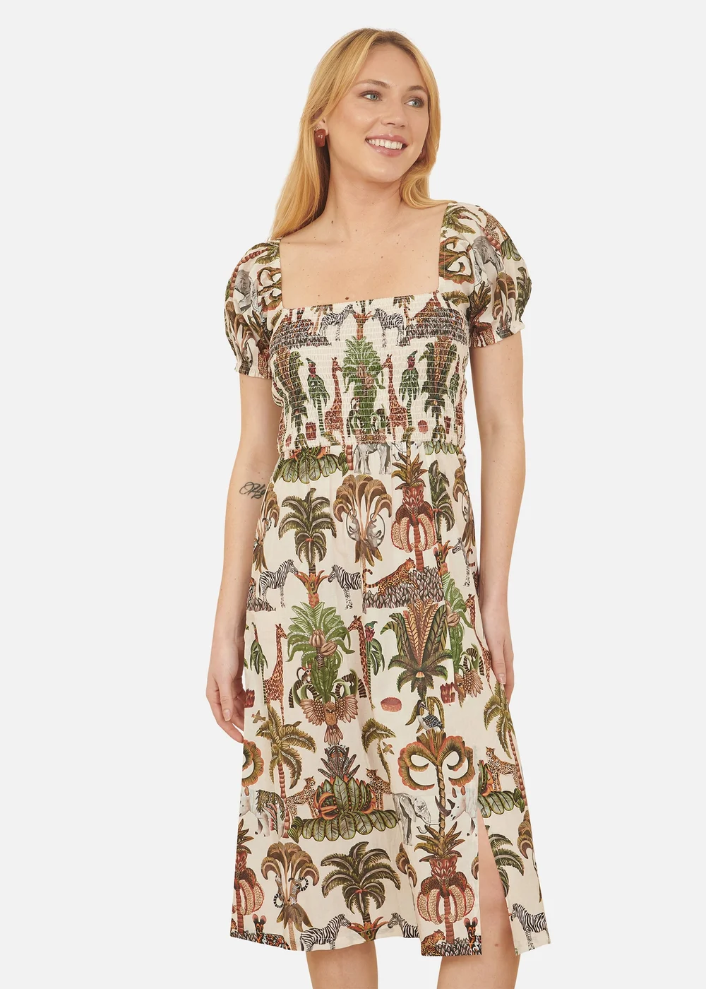 Yumi White Cotton Safari Print Ruched Midi Dress - 8 Image 2