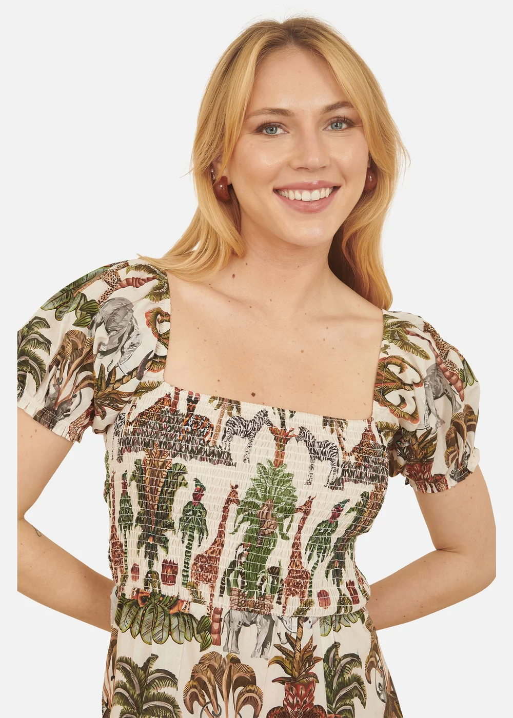 Yumi White Cotton Safari Print Ruched Midi Dress - 8 Image 3