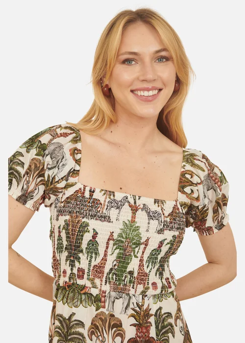 Yumi White Cotton Safari Print Ruched Midi Dress - 8 Image 3