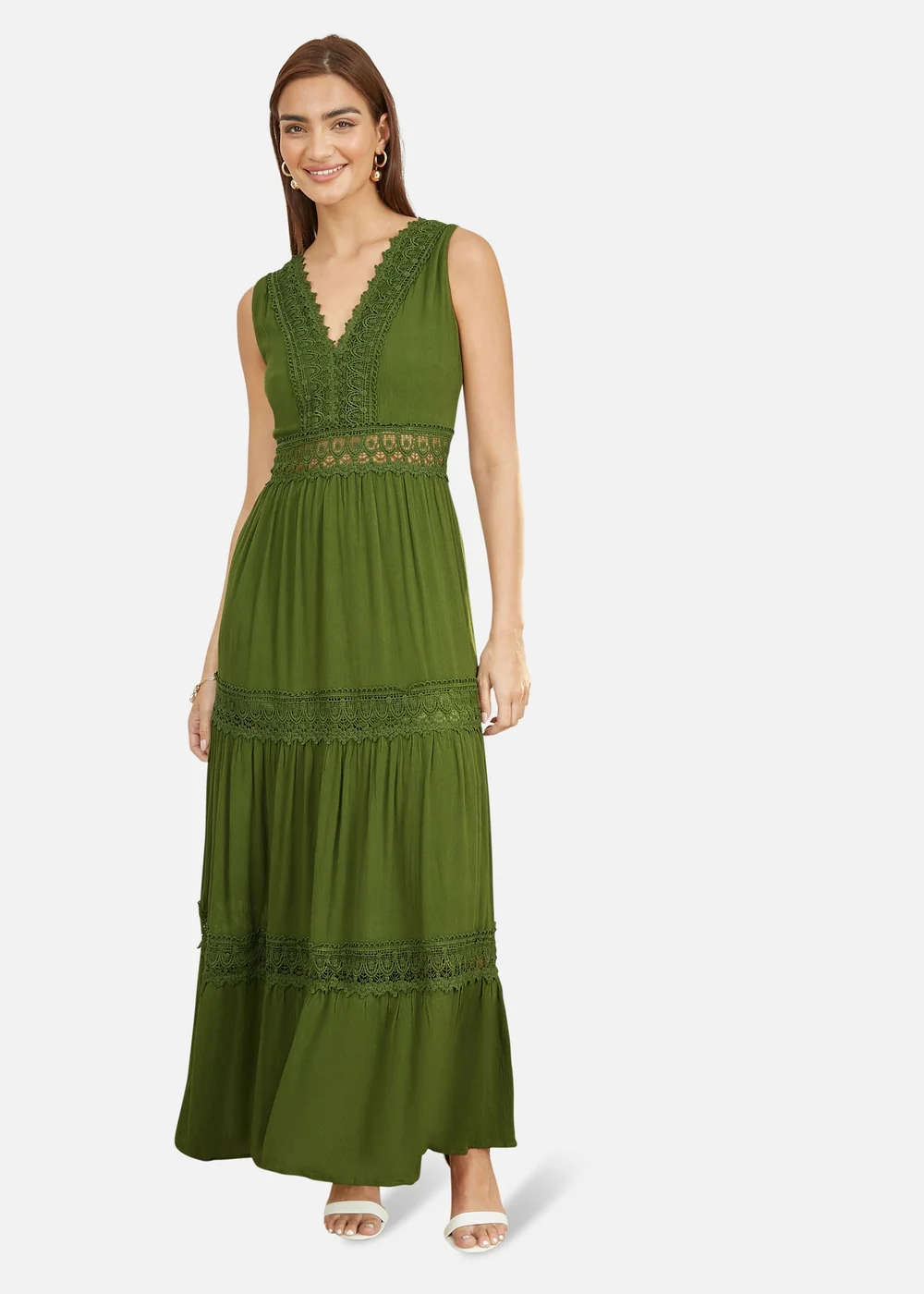 Yumi Green Lace Trim Cotton Midi Sun Dress - L Yumi Green Lace Trim Cotton Midi Sun Dress - L