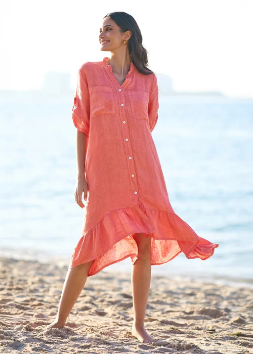 Yumi Coral Italian Linen Shirt Dress With Frill Hem - M | Matalan Yumi Coral Italian Linen Shirt Dress With Frill Hem - M | Matalan