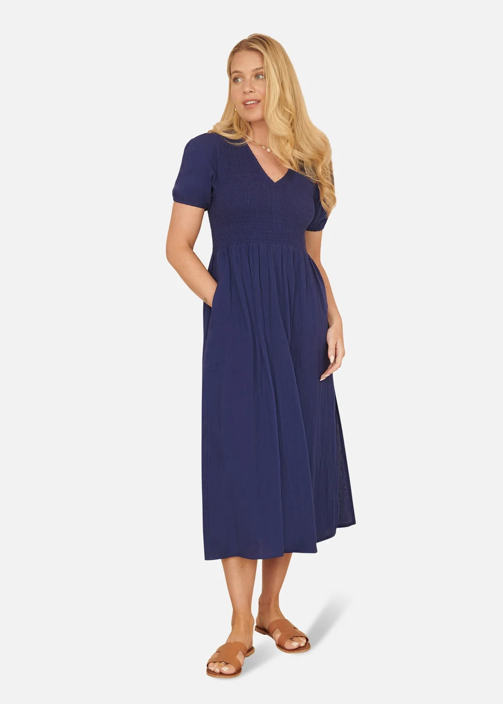 Yumi Navy Double Cotton Ruched Midi Dress - 8 Image 3