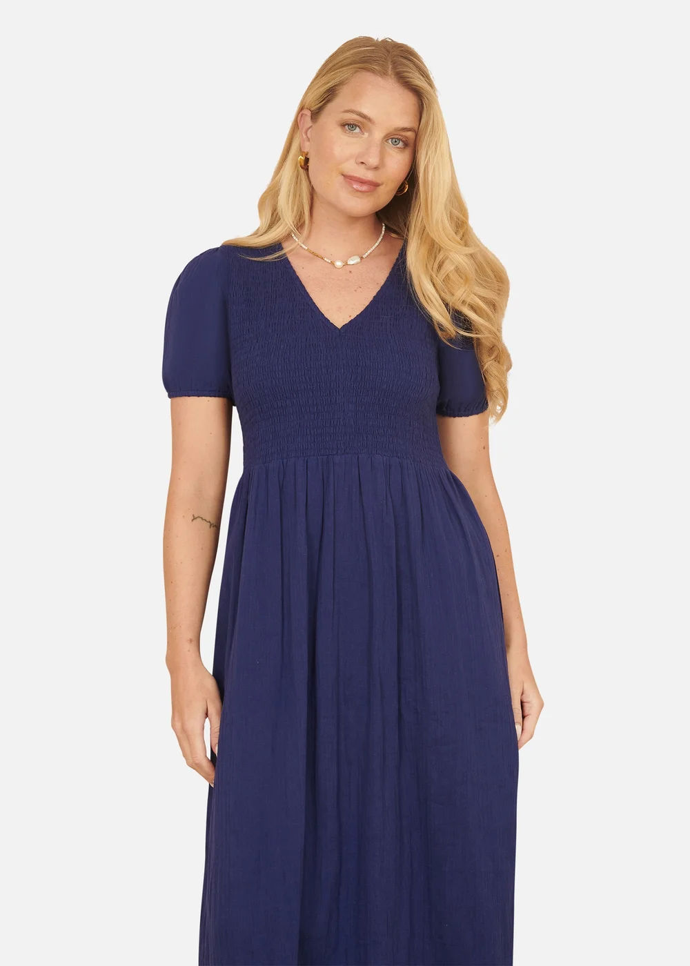 Yumi Navy Double Cotton Ruched Midi Dress - 8 Image 2