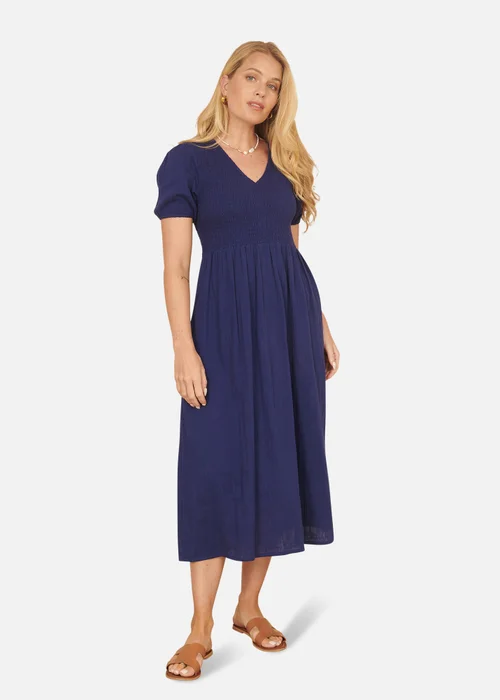 Yumi Navy Double Cotton Ruched Midi Dress - 8 Image 1