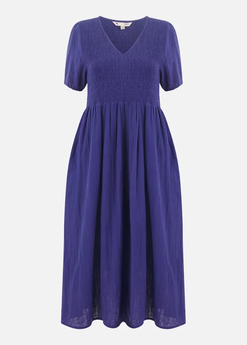 Yumi Navy Double Cotton Ruched Midi Dress - 8 Image 4